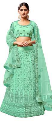 Sea-green embroidered net semi stitched lehenga 1