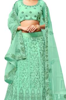Sea-green embroidered net semi stitched lehenga