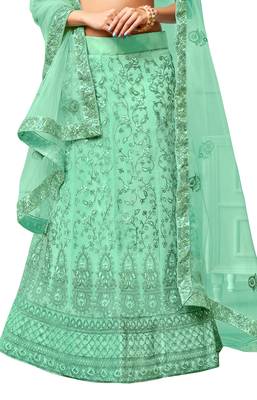 Sea-green embroidered net semi stitched lehenga 2
