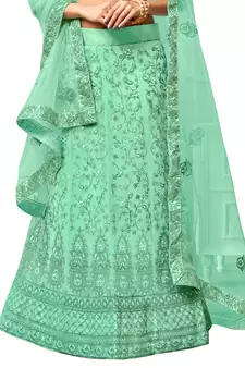 Sea-green embroidered net semi stitched lehenga