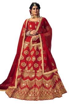 Red diamond velvet semi stitched lehenga