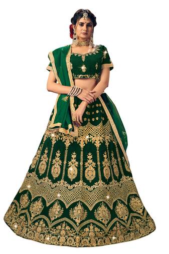 Green diamond velvet semi stitched lehenga