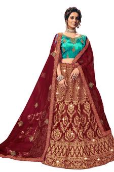 Maroon diamond satin semi stitched lehenga