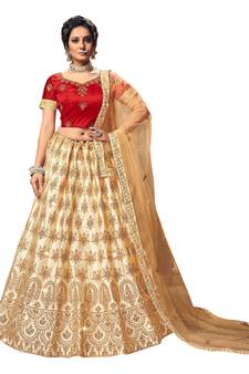 Beige diamond satin semi stitched lehenga
