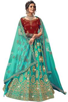 Light-green diamond satin semi stitched lehenga