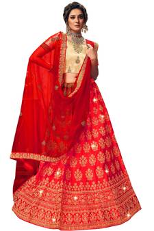 Red diamond satin semi stitched lehenga