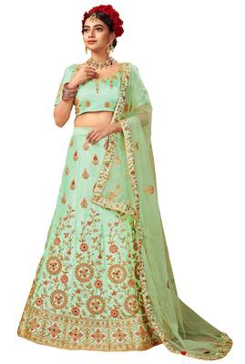 Light-green mirror satin semi stitched lehenga 1