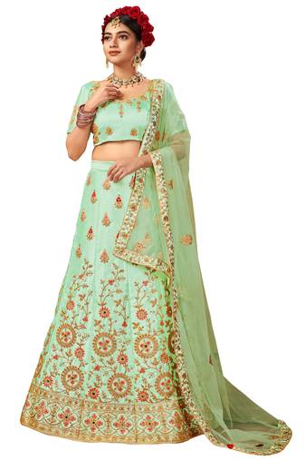 Light-green mirror satin semi stitched lehenga