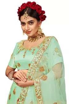 Light-green mirror satin semi stitched lehenga
