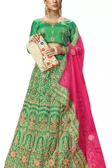 Green diamond satin semi stitched lehenga