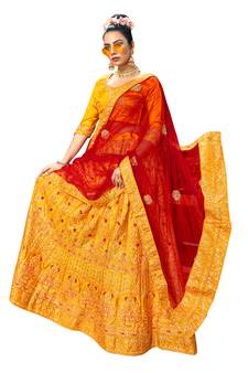 Mustard diamond satin semi stitched lehenga