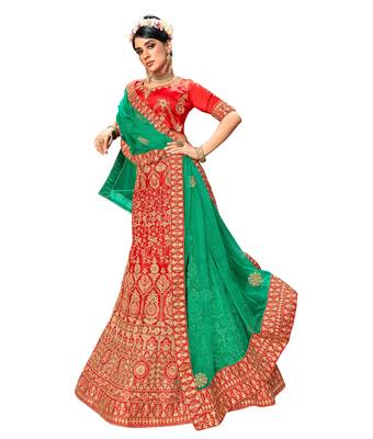 Red diamond satin semi stitched lehenga 1