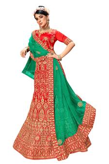 Red diamond satin semi stitched lehenga