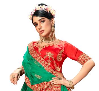 Red diamond satin semi stitched lehenga 2