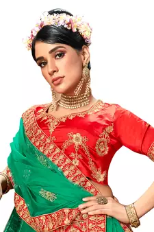 Red diamond satin semi stitched lehenga