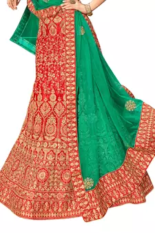 Red diamond satin semi stitched lehenga