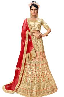Beige diamond satin semi stitched lehenga