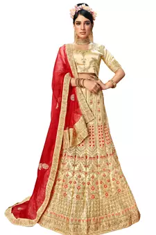 Beige diamond satin semi stitched lehenga