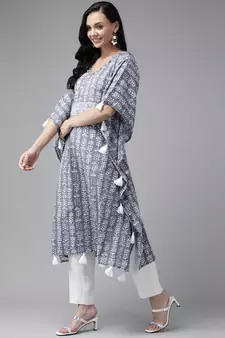 Grey printed cotton kurtas-and-kurtis