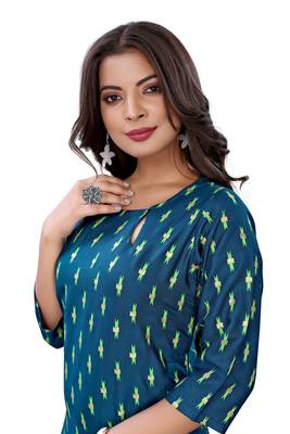 Teal printed cotton long-kurtis 5