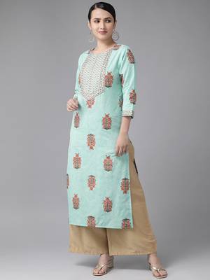 Aqua-blue printed cotton kurtas-and-kurtis 1