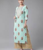 Aqua-blue printed cotton kurtas-and-kurtis