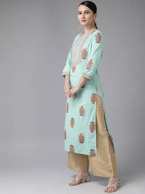 Aqua-blue printed cotton kurtas-and-kurtis 2