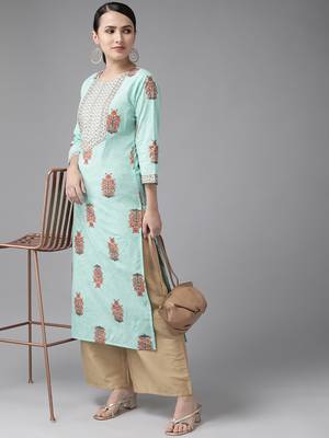 Aqua-blue printed cotton kurtas-and-kurtis 5