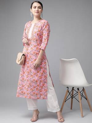 Baby-pink printed cotton kurtas-and-kurtis 5