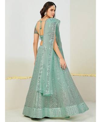 Turquoise & Silver Semi-Stitched Lehenga & Unstitched Blouse With Dupatta 2