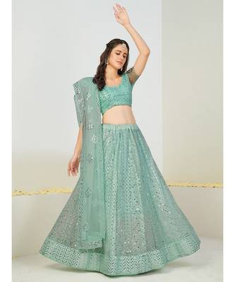 Turquoise & Silver Semi-Stitched Lehenga & Unstitched Blouse With Dupatta 3
