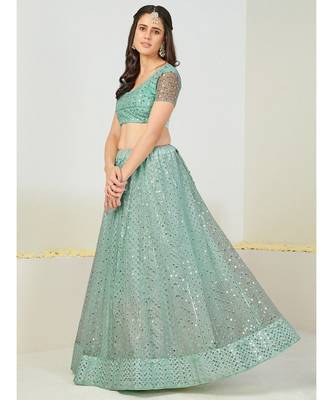 Turquoise & Silver Semi-Stitched Lehenga & Unstitched Blouse With Dupatta 4
