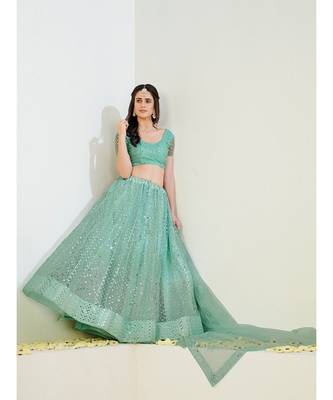 Turquoise & Silver Semi-Stitched Lehenga & Unstitched Blouse With Dupatta 1