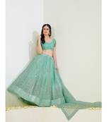 Turquoise & Silver Semi-Stitched Lehenga & Unstitched Blouse With Dupatta