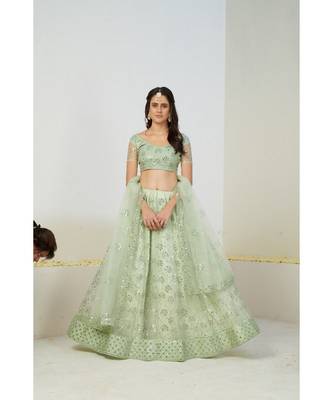 Sea Green & Silver Semi-Stitched Lehenga & Unstitched Blouse With Dupatta 2