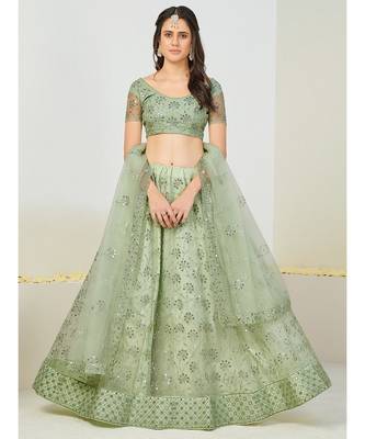 Sea Green & Silver Semi-Stitched Lehenga & Unstitched Blouse With Dupatta 1