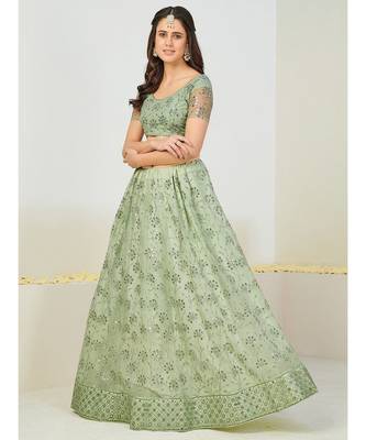 Sea Green & Silver Semi-Stitched Lehenga & Unstitched Blouse With Dupatta 4
