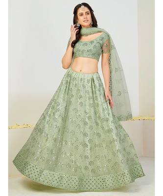 Sea Green & Silver Semi-Stitched Lehenga & Unstitched Blouse With Dupatta 5