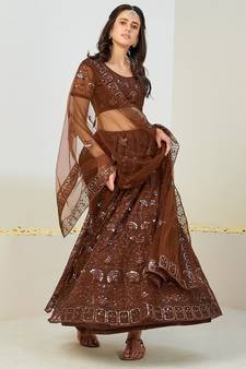 Brown Net Thread Embroidered Lehenga Choli Set for Women