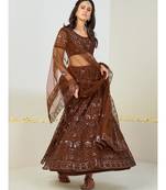 Brown Net Thread Embroidered Lehenga Choli Set for Women