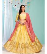 Yellow & Pink Embroidered  Semi-Stitched Lehenga & Unstitched Blouse With Dupatta