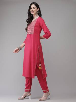 Pink embroidered rayon kurta-suits 2