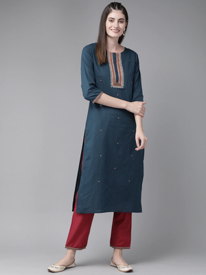 Navy-blue embroidered cotton kurti-trouser 1