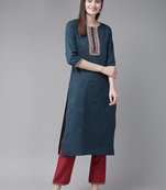 Navy-blue embroidered cotton kurti-trouser
