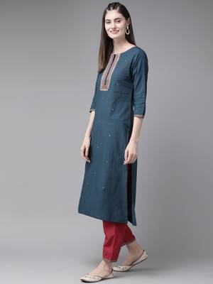 Navy-blue embroidered cotton kurti-trouser 2