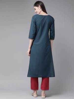 Navy-blue embroidered cotton kurti-trouser 3