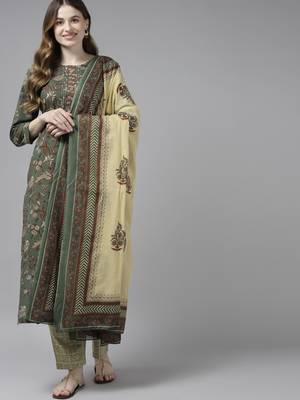 Olive printed cotton kurta-suits 2