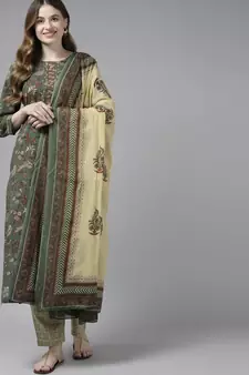 Olive printed cotton kurta-suits