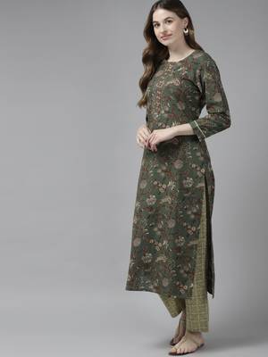 Olive printed cotton kurta-suits 3