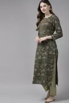 Olive printed cotton kurta-suits